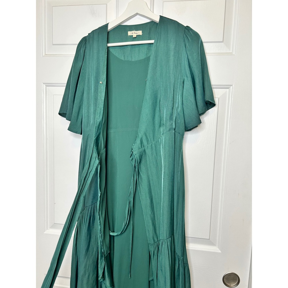 In Loom Wrap Dress Medium Green Ruffle Flutter High Low - Picture 4 of 6